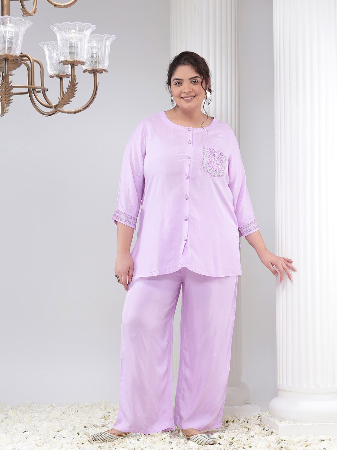 

Bani Women Plus Size Round Neck Top and Trousers, Purple