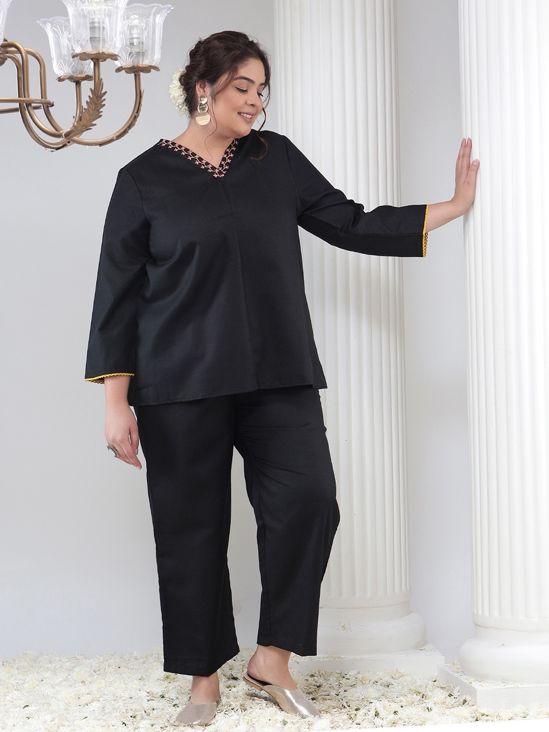 

Bani Women V-Neck Top & Palazzos Set With Minimal Floral Embroidered Detail, Black