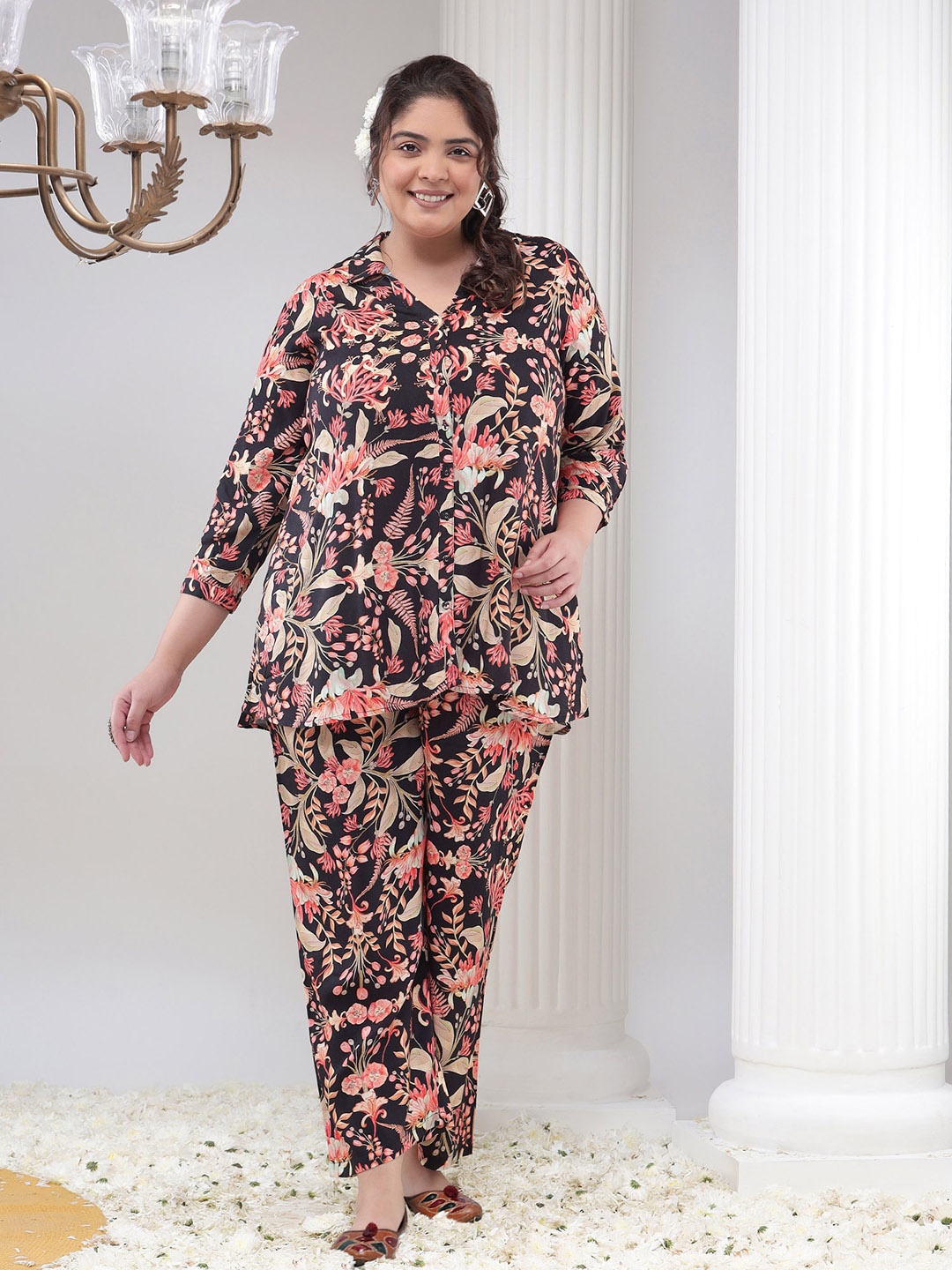 

Bani Women Floral Print Cuffed Sleeves Shirt & Trousers Set, Black