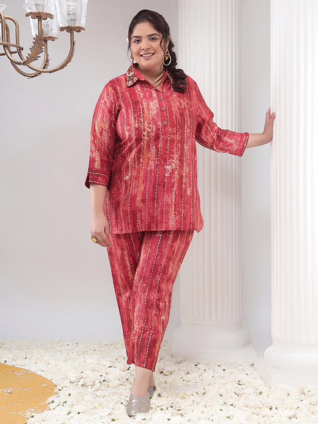 

Bani Women Plus Size Abstract Printed Beads And Stones Regular Kurta With Palazzos, Red