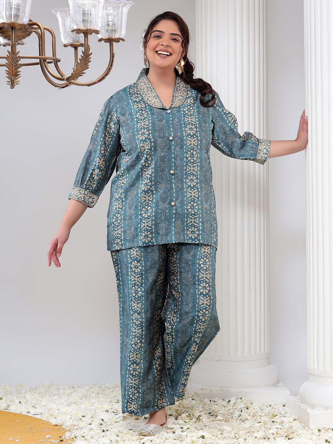 Bani Women Plus Size Printed Shirt Collar Top and Trousers, Blue