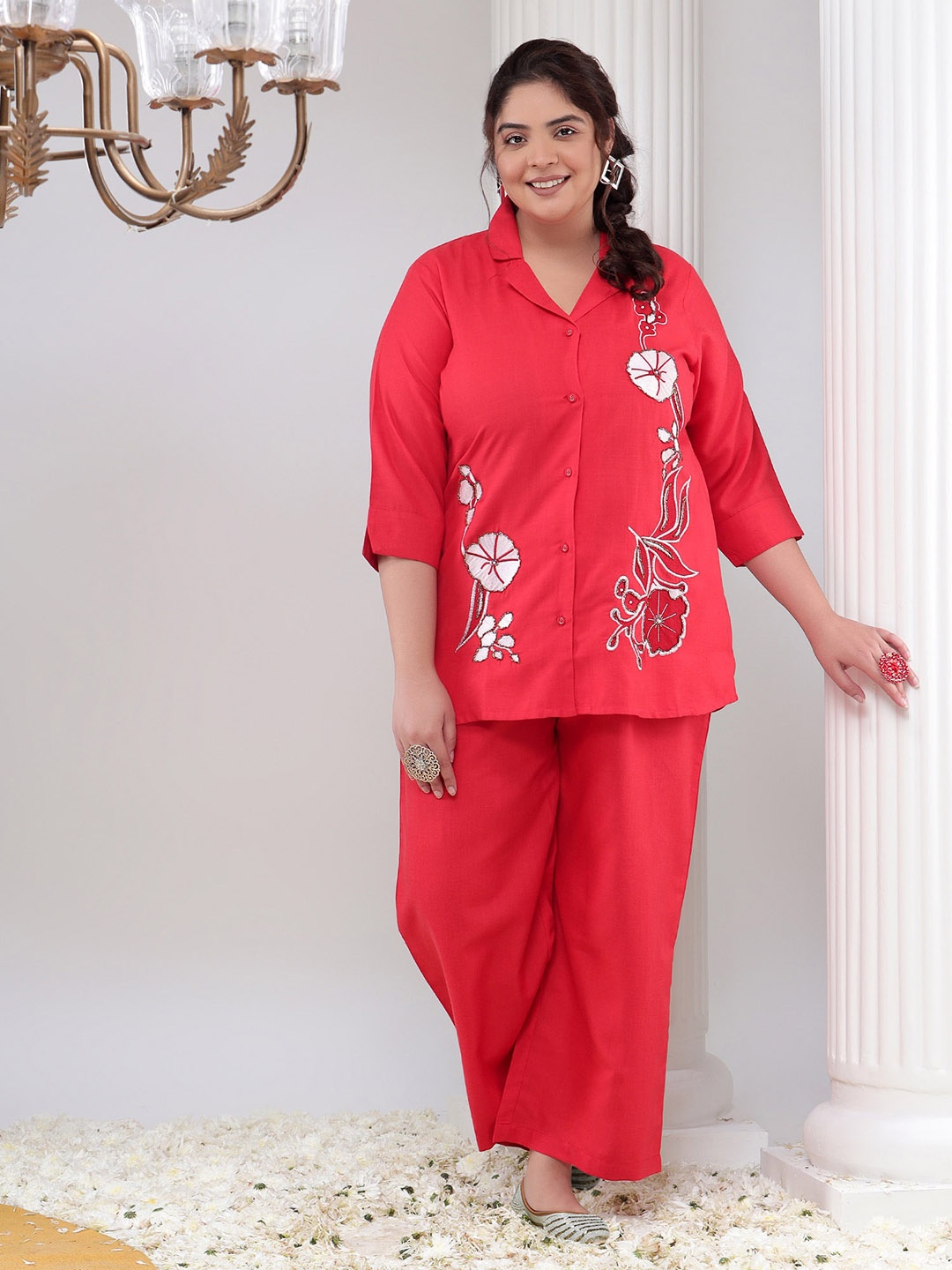 Bani Women Plus Size Floral Print Tunic With Trousers Co-Ord Set, Red