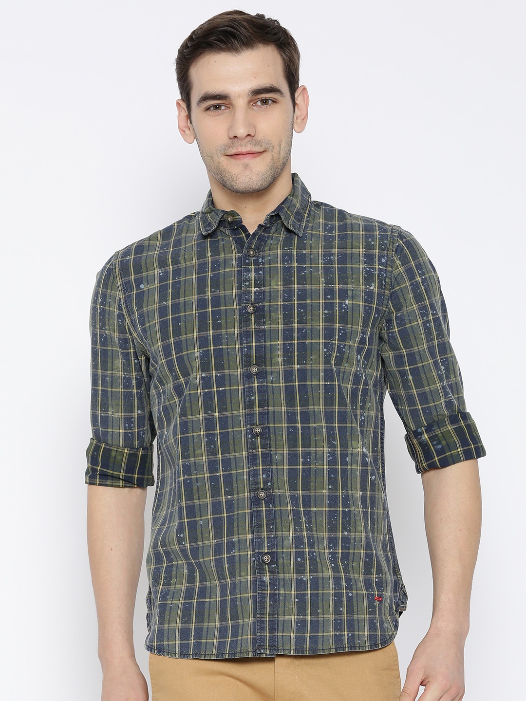 

Jack & Jones Men Green & Navy Blue Slim Fit Checked Casual Shirt