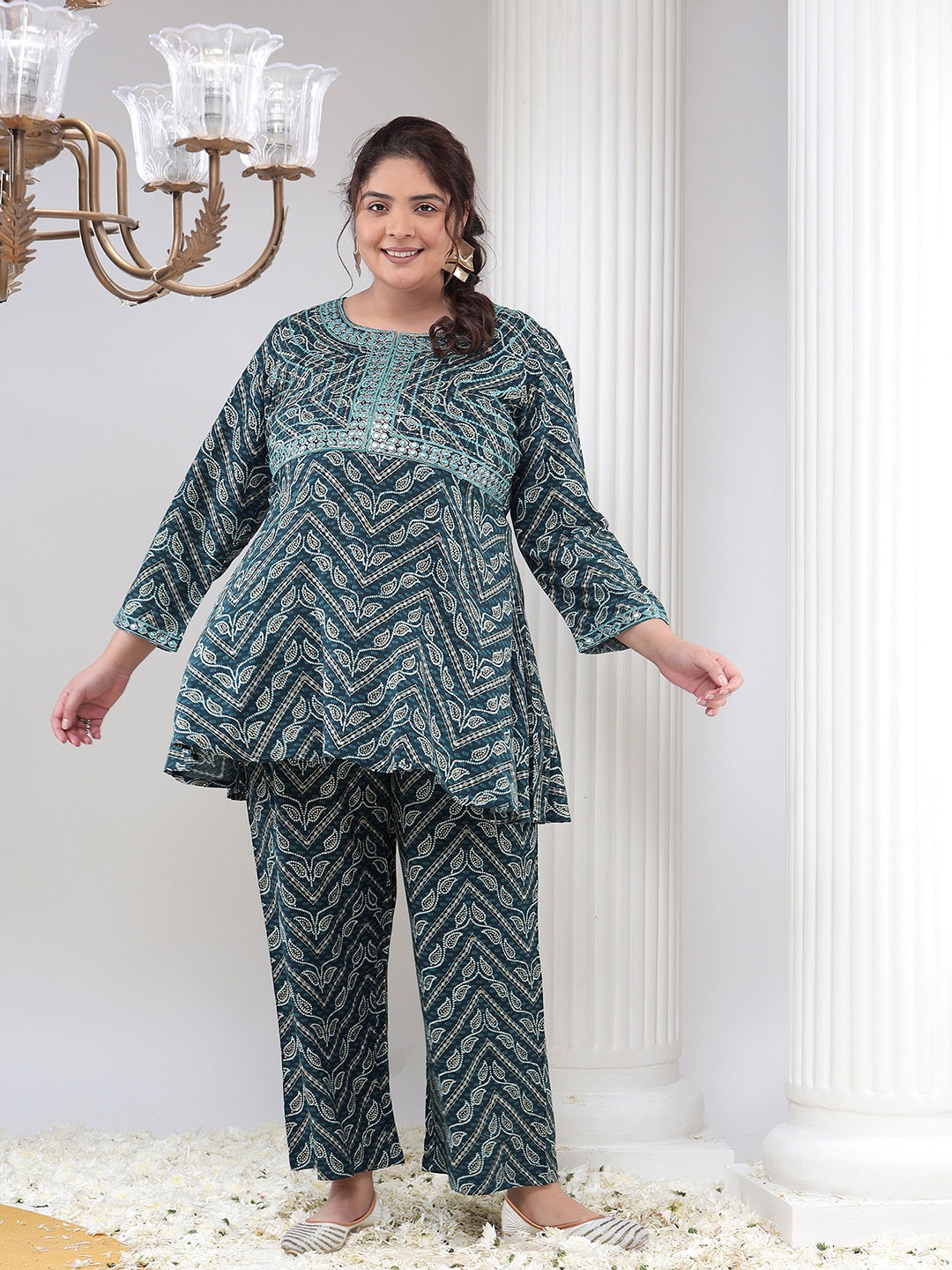 

Bani Women Plus Size Ethnic Motifs Printed Mirror Work Kurti With Palazzos, Sea green