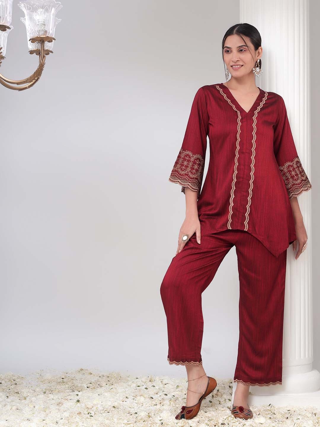 

Bani Women Embroidered V-Neck Tunic & Palazzos Set, Maroon