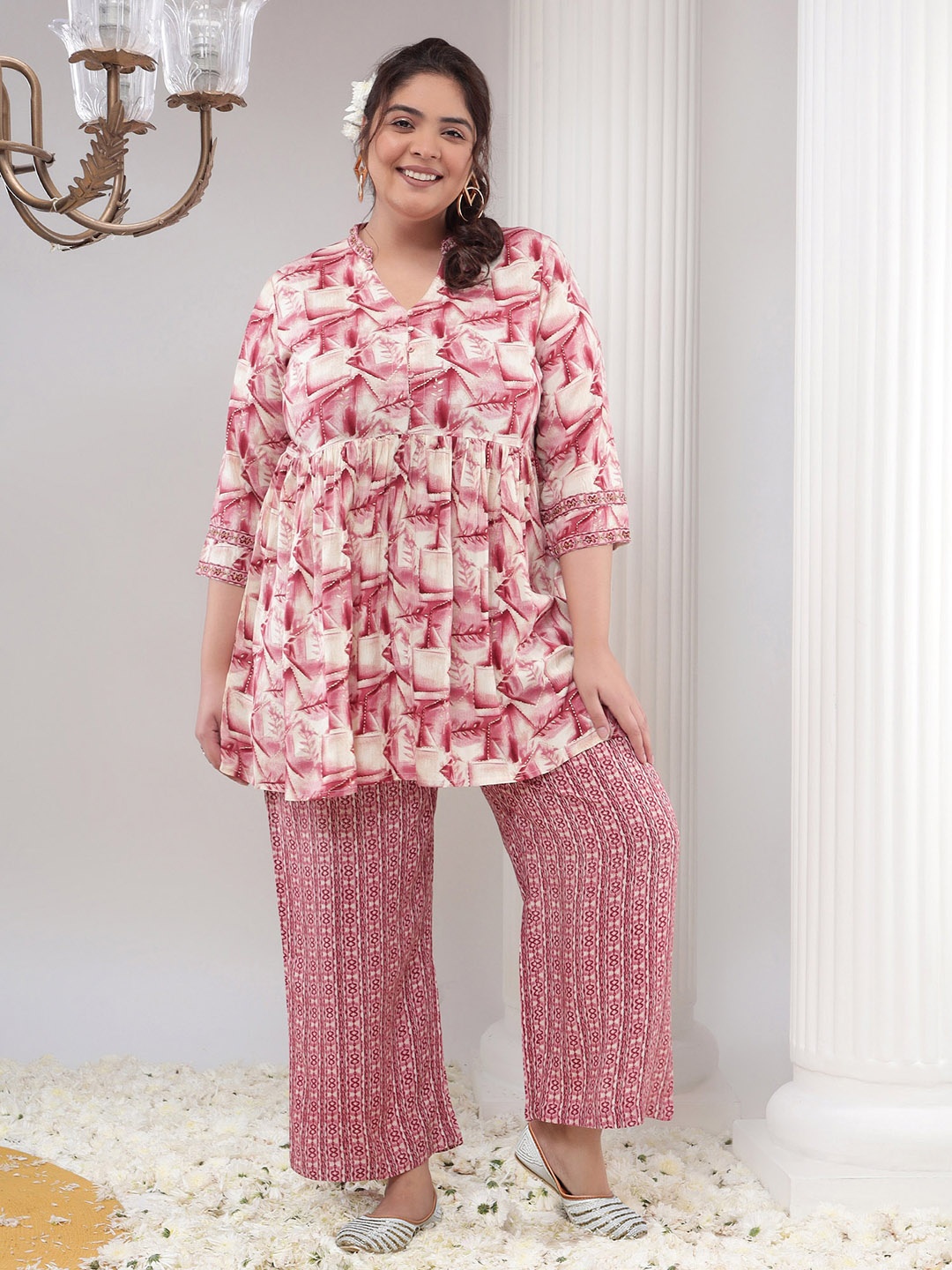 

Bani Women Geometric Print Pleated Kurti with Palazzos Set, Pink