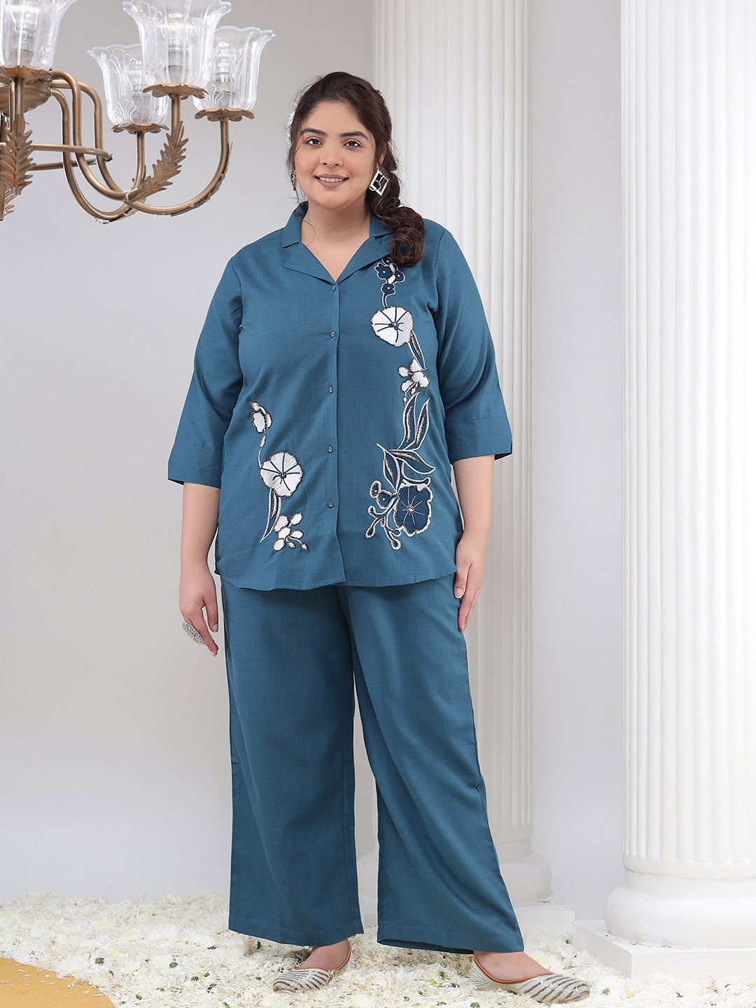 

Bani Women Plus Size Floral Embroidered Shirt and Palazzos, Teal