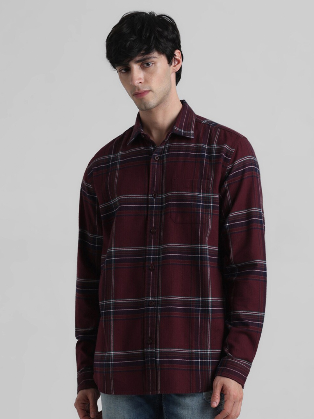 

Jack & Jones Tartan Checked Pure Cotton Casual Shirt, Maroon