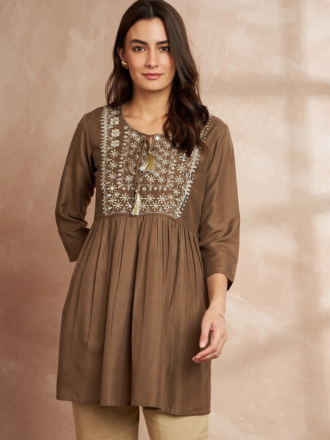 

all about you Ethnic Motifs Embroidered Tie-Up Neck Pleated A-Line Kurti, Brown