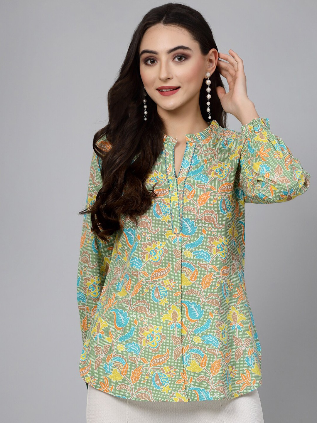

QOMN Floral Printed Pure Cotton Shirt Style Top, Lime green