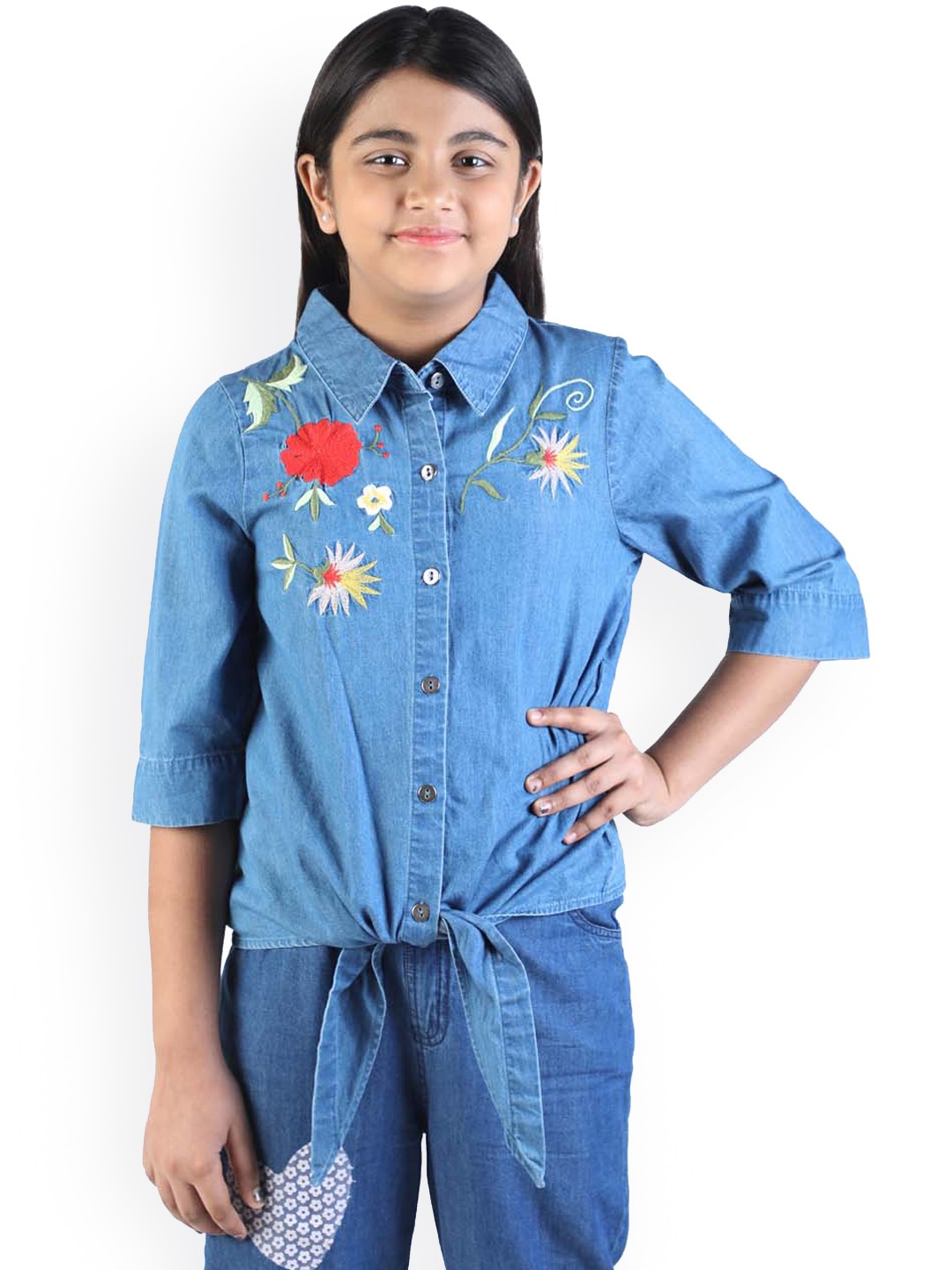 Budding Bees Girls Crop Outdoor Denim Jacket with Patchwork, Blue