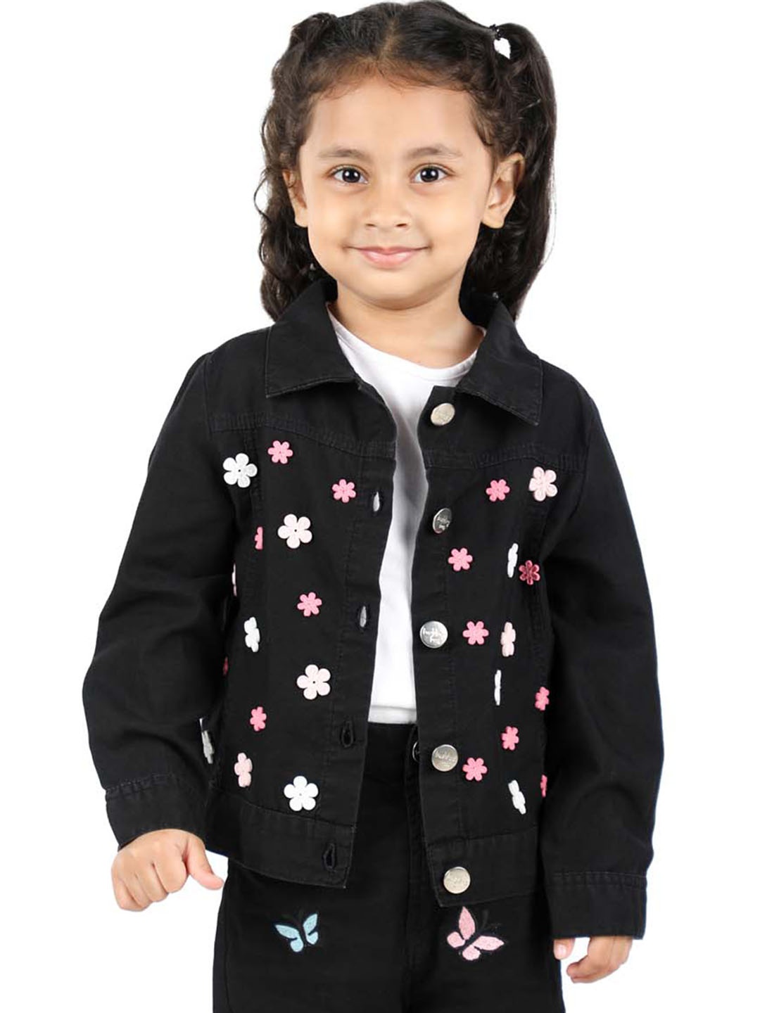 

Budding Bees Girls Floral Embroidered Crop Denim Jacket, Black