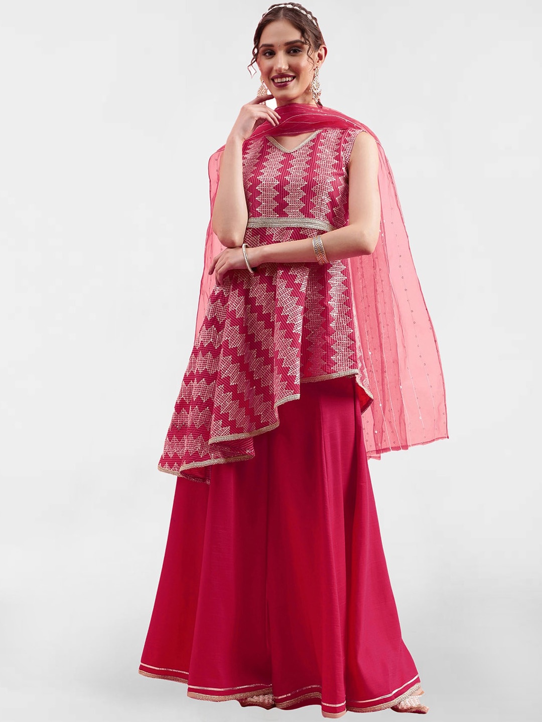 

KALINI Geometric Embroidered Regular Thread Work Kurta With Palazzos & Dupatta, Pink