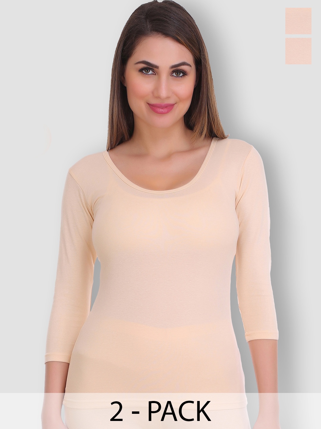 

SELFCARE Pack Of 2 Round Neck Thermal Tops, Beige