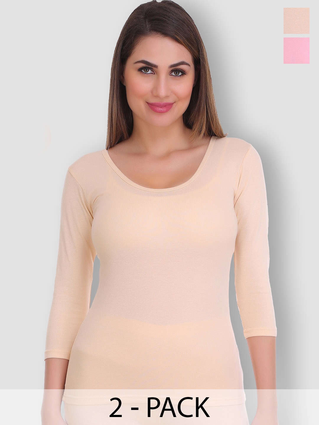 

SELFCARE Pack Of 2 Round Neck Thermal Tops, Beige