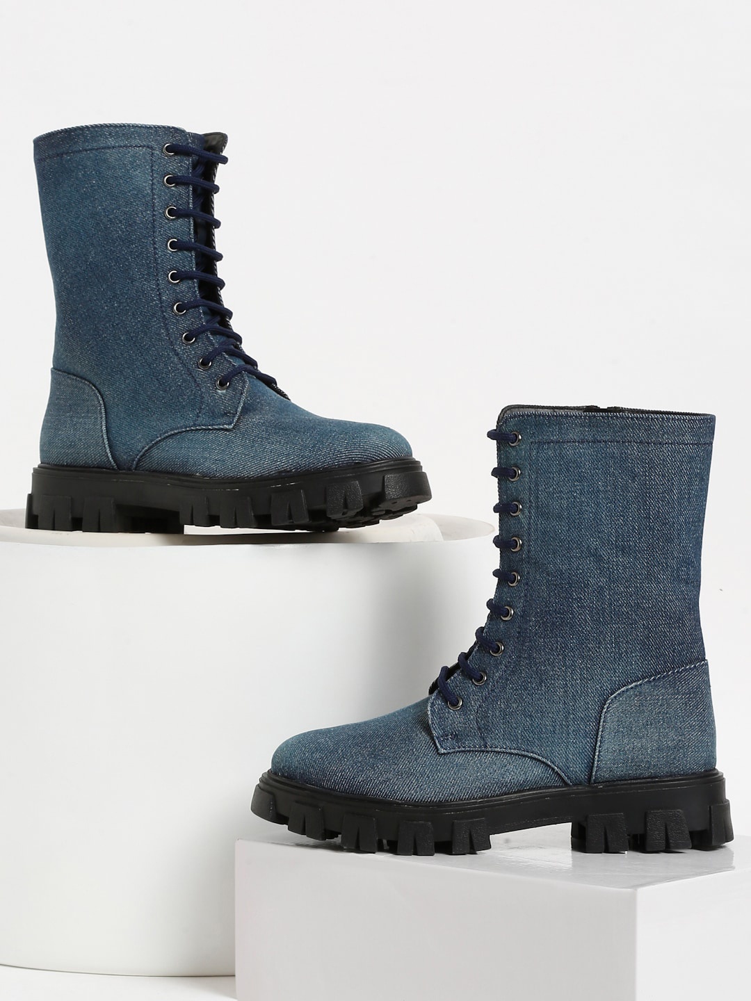 

Bruno Manetti Women Heeled Mid-Top Denim Chunky Boots, Blue