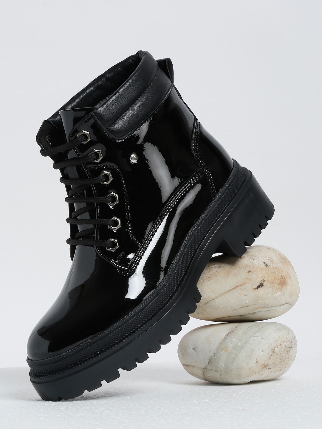 

Bruno Manetti Women Mid-Top Patent Leather Lace-Up Boots, Black
