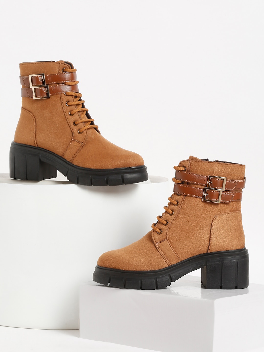 

Bruno Manetti Women Mid-Top Block-Heeled Lace-Up Monk Straps Boots, Brown