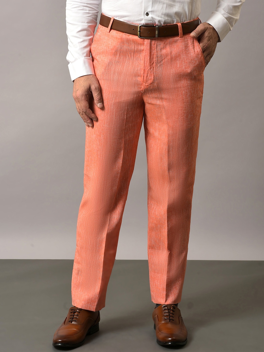 

Hangup Men Original Mid-Rise Formal Cotton Linen Trousers, Peach