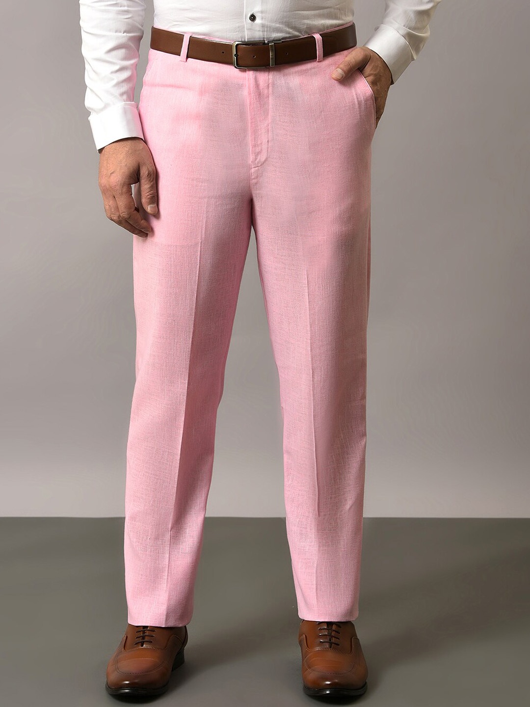 

Hangup Men Original Mid-Rise Cotton Linen Formal Trousers, Pink