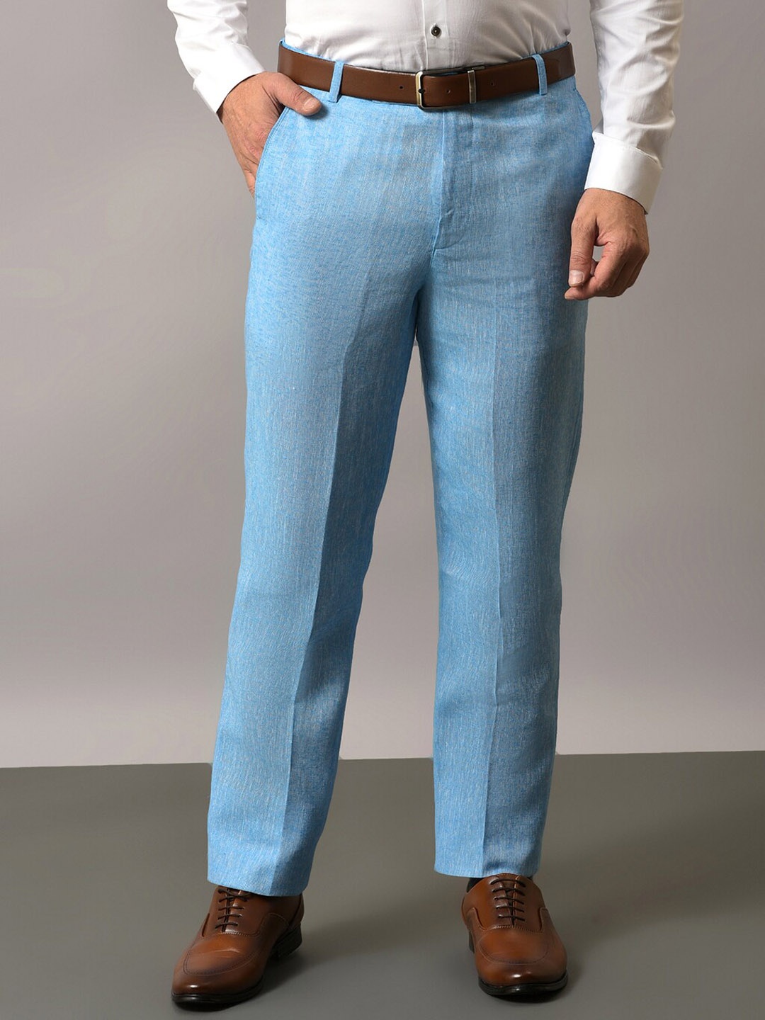 

Hangup Men Original Mid-Rise Formal Cotton Linen Trousers, Blue