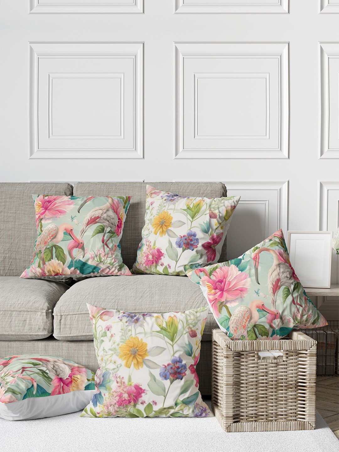 

Tasseled Home Pink & Green 5-Pieces Floral Satin Square Cushion Covers