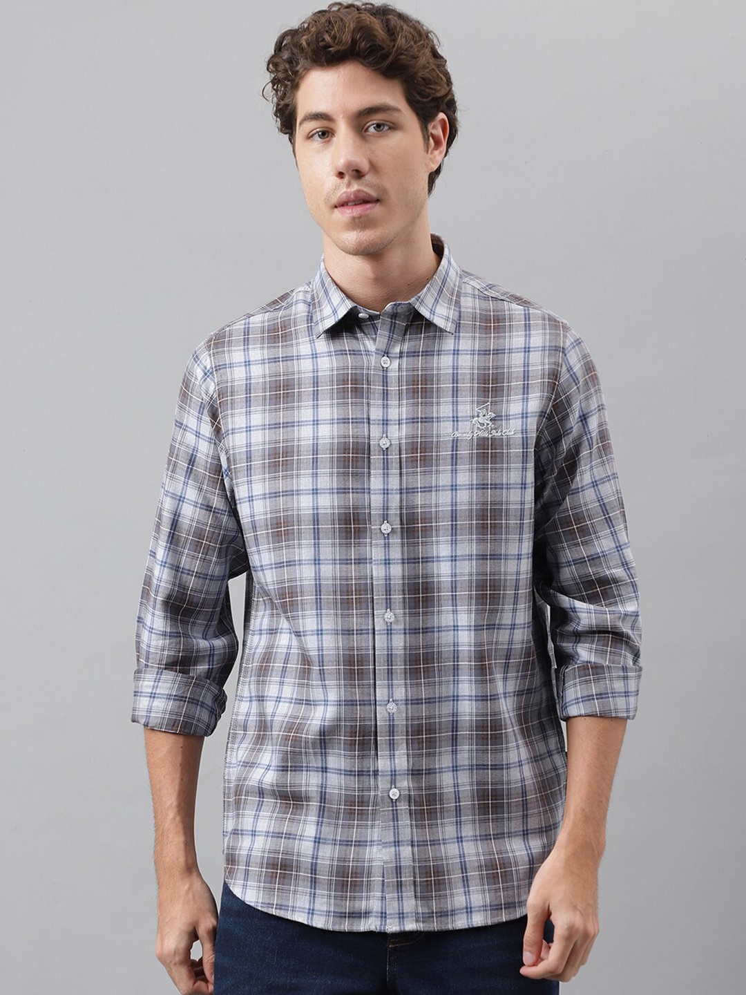 

Beverly Hills Polo Club Tailored Fit Twill Tartan Checks Spread Collar Cotton Casual Shirt, Grey