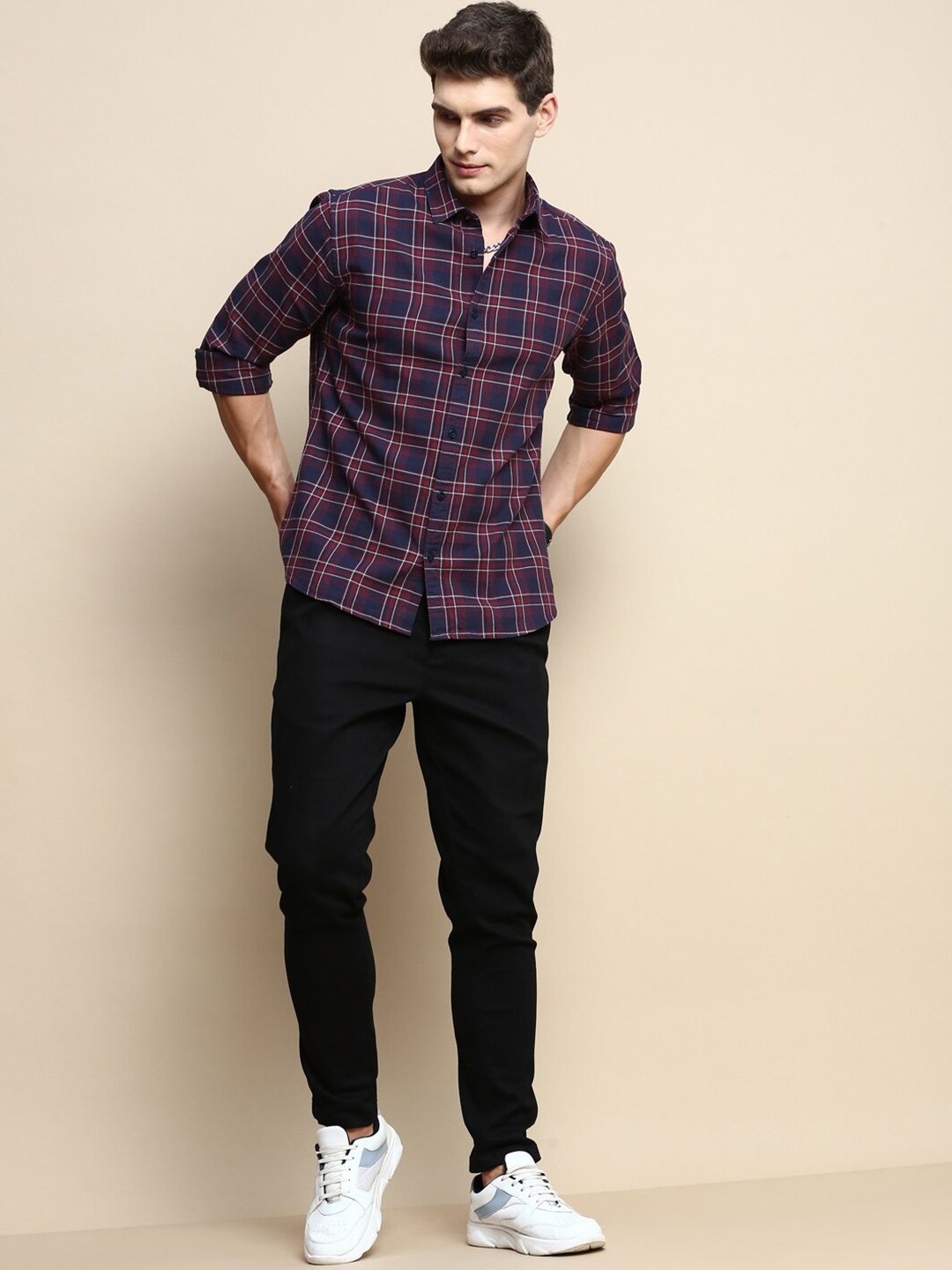 

INVICTUS Tartan Checked Sport Slim Fit Cotton Casual Shirt, Navy blue