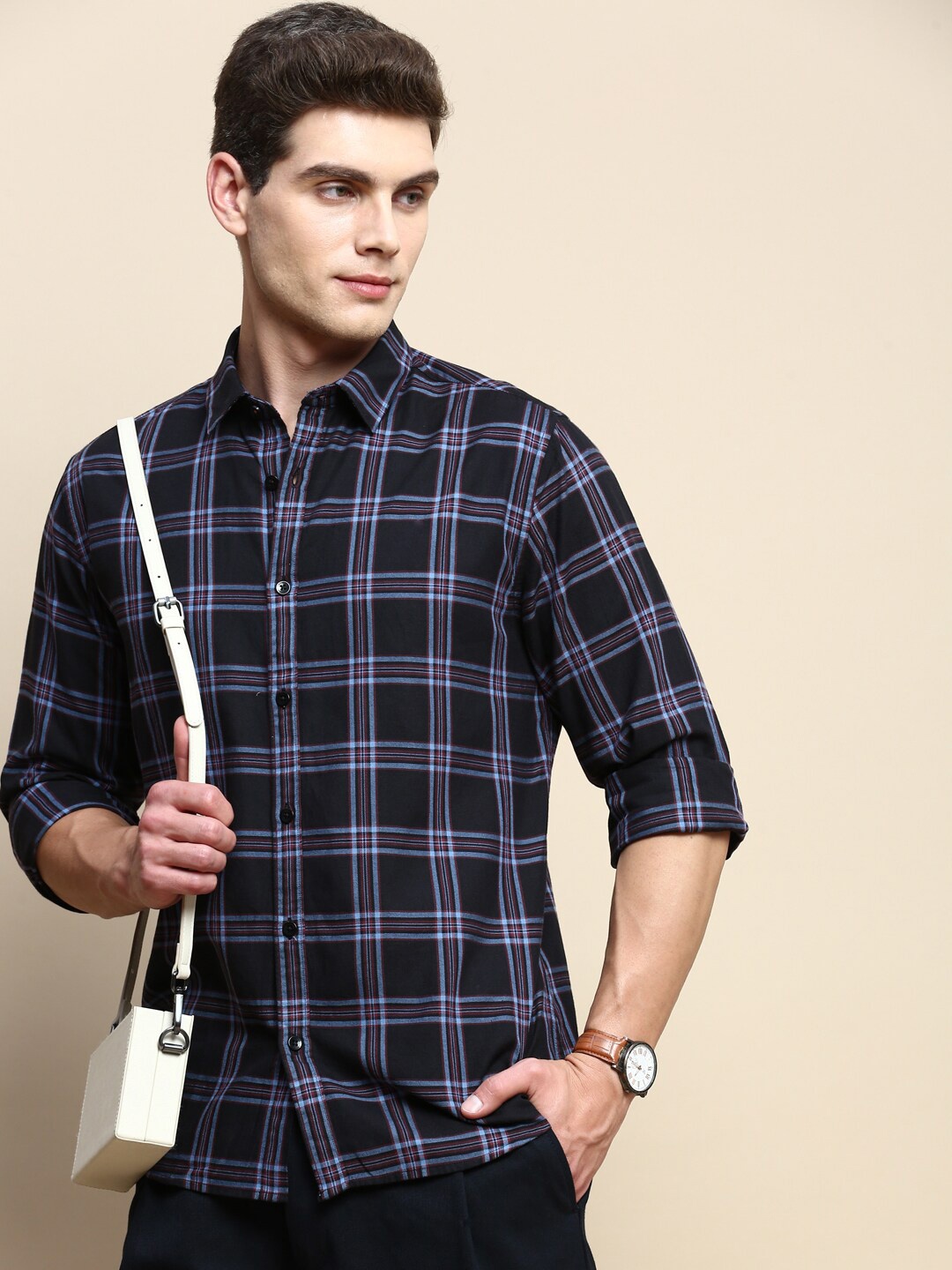 

INVICTUS Sport Slim Fit Tartan Checked Cotton Casual Shirt, Navy blue