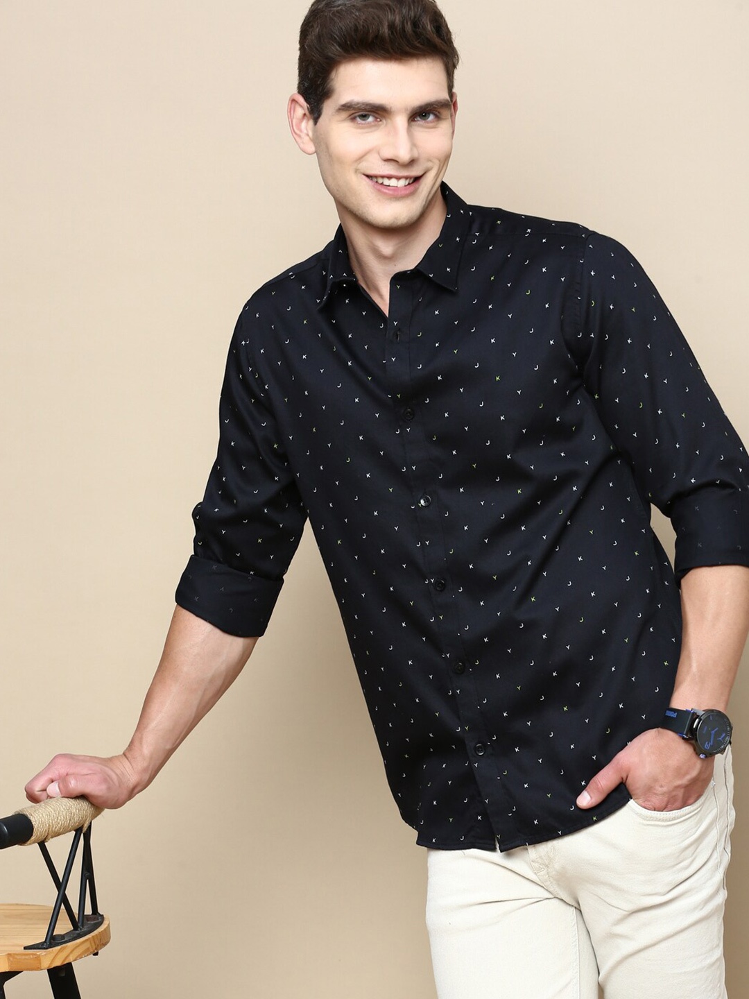 

INVICTUS Micro Ditsy Printed Sport Slim Fit Opaque Cotton Casual Shirt, Black