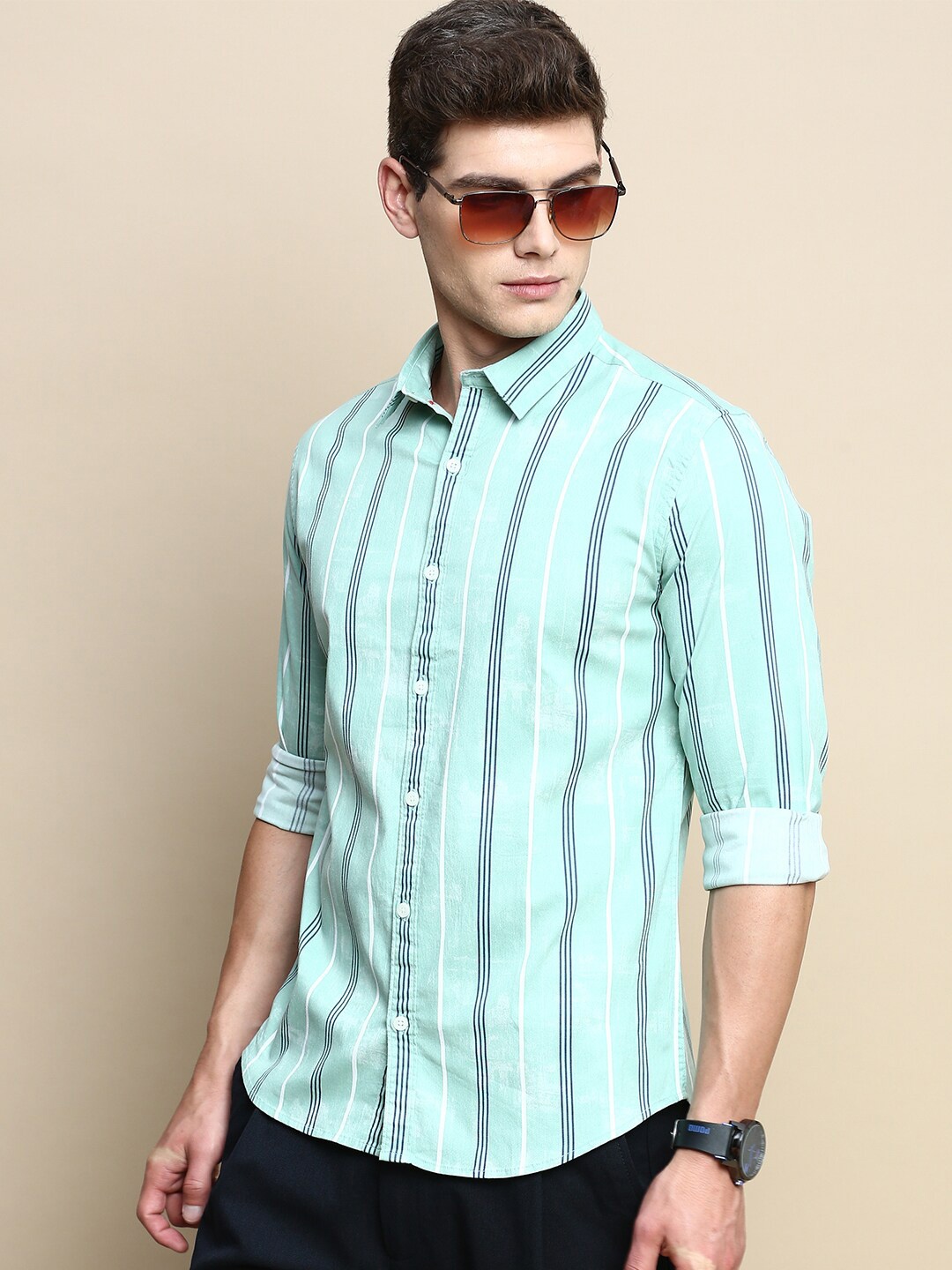 

INVICTUS Slim Fit Striped Cotton Casual Shirt, Green