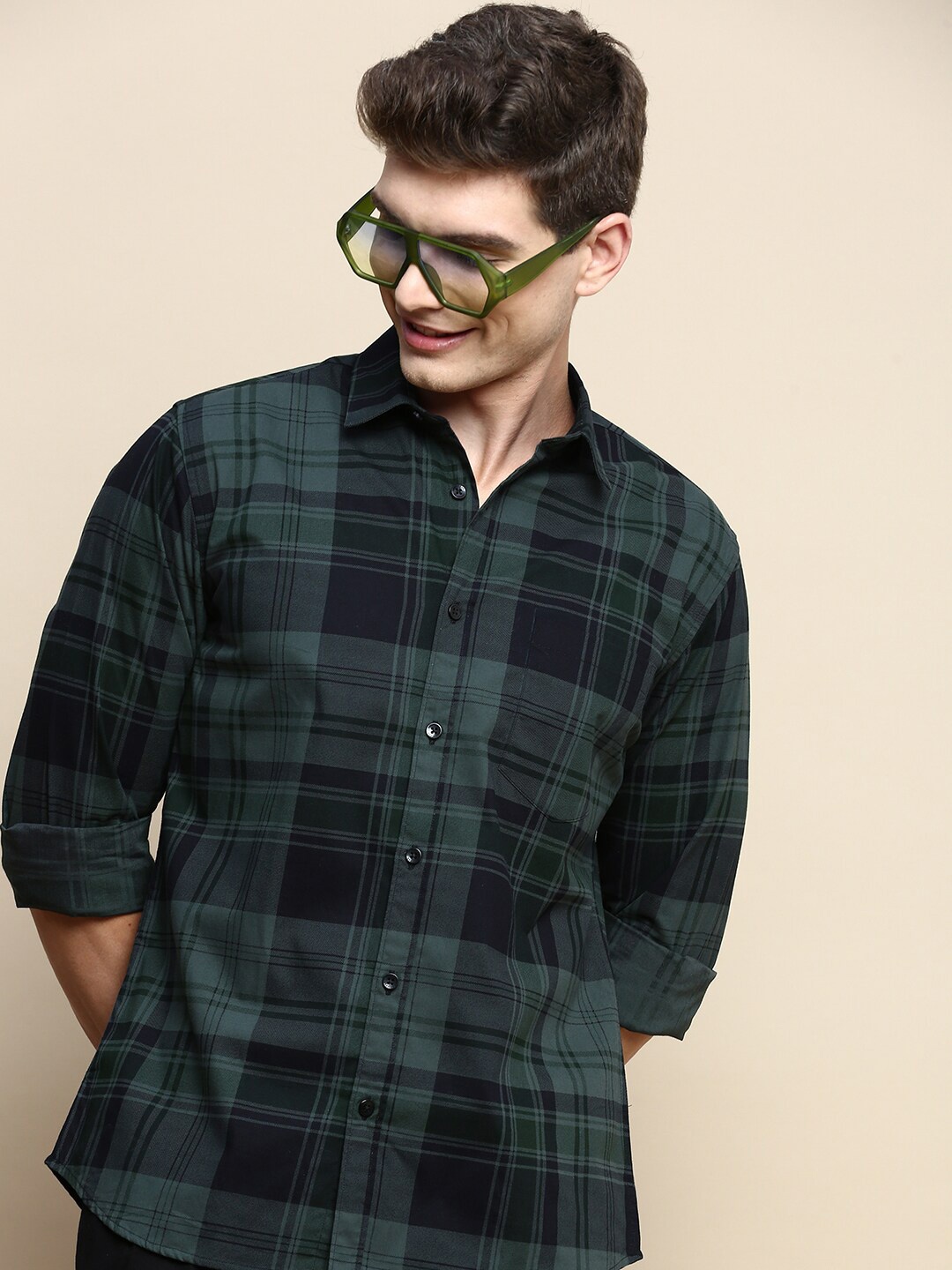 

INVICTUS Sport Slim Fit Tartan Checked Chest Pocket Twill Cotton Casual Shirt, Green