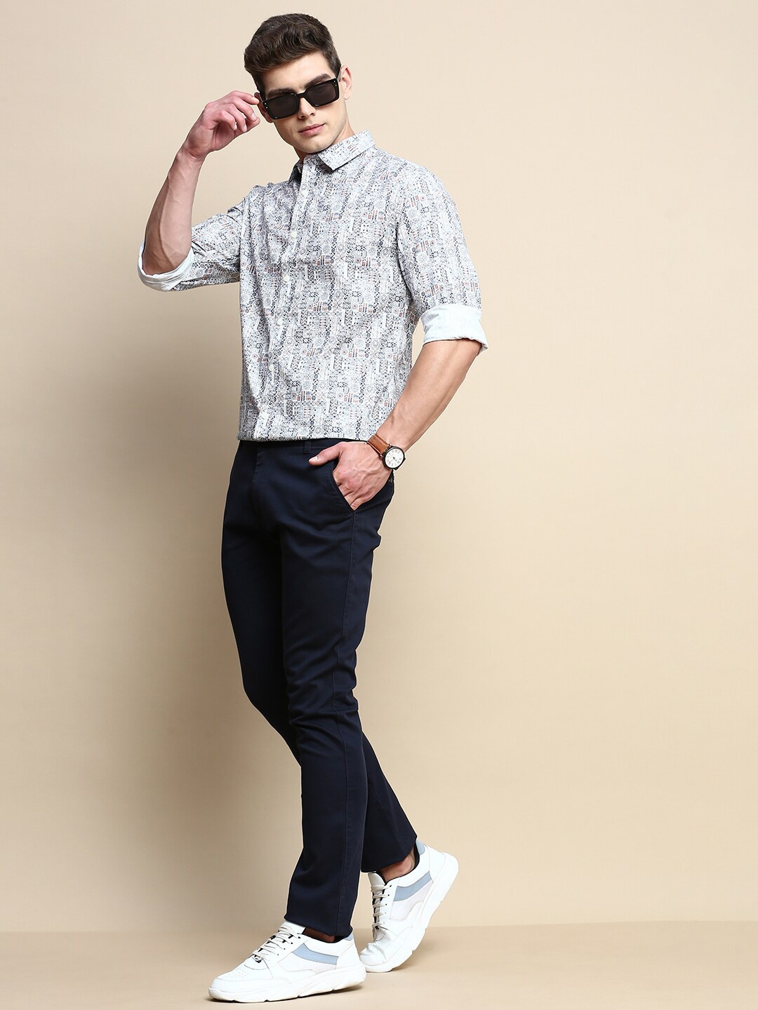

INVICTUS Sport Slim Fit Ethnic Motifs Printed Cotton Casual Shirt, White