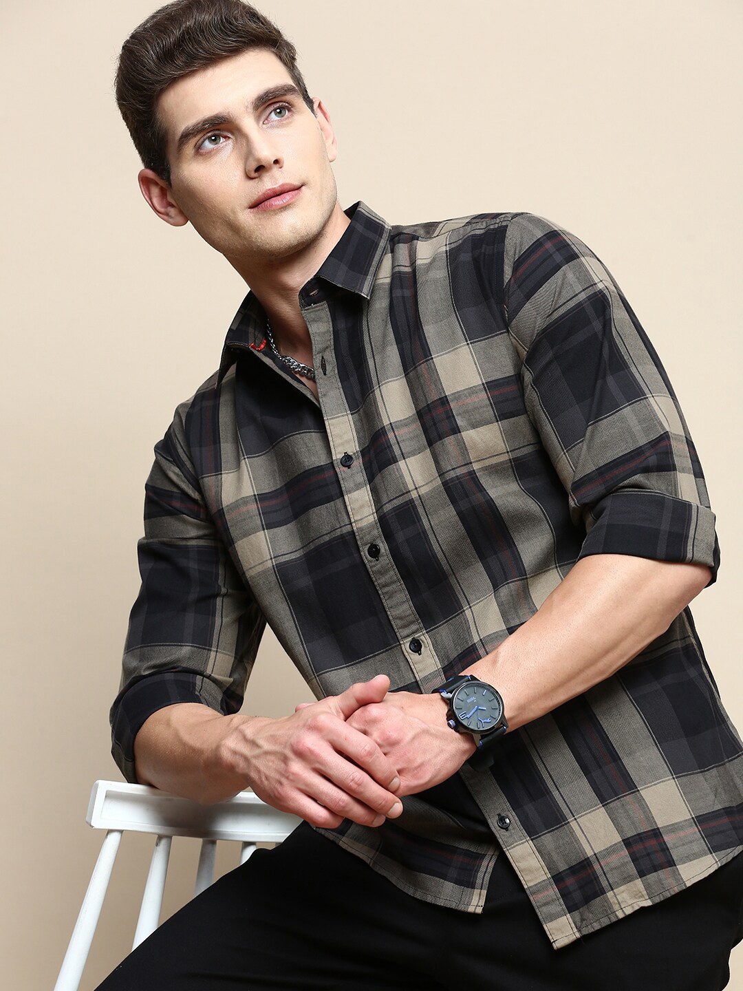

INVICTUS Sport Slim Fit Tartan Checked Spread Collar Twill Cotton Casual Shirt, Tan