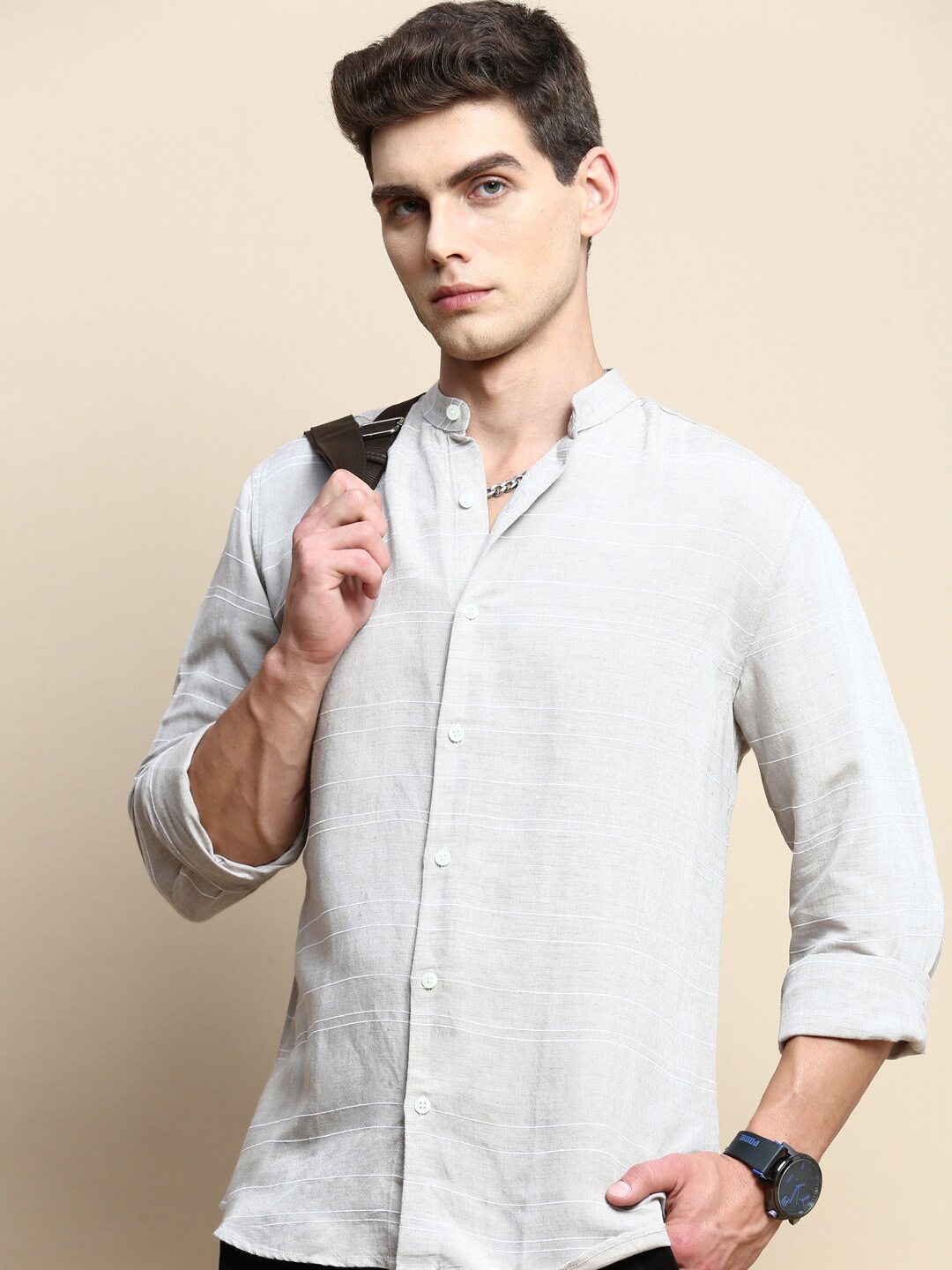 

INVICTUS Sport Slim Fit Opaque Horizontal Stripes Cotton Casual Shirt, Beige