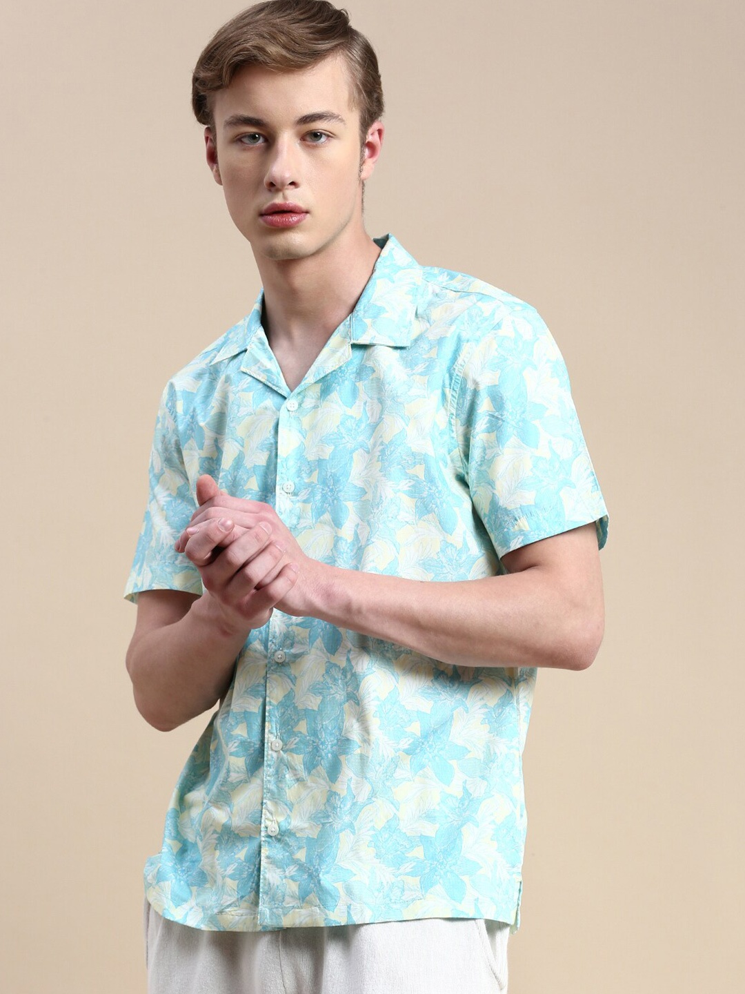 

INVICTUS Club Slim Fit Floral Opaque Printed Cotton Casual Shirt, Turquoise blue