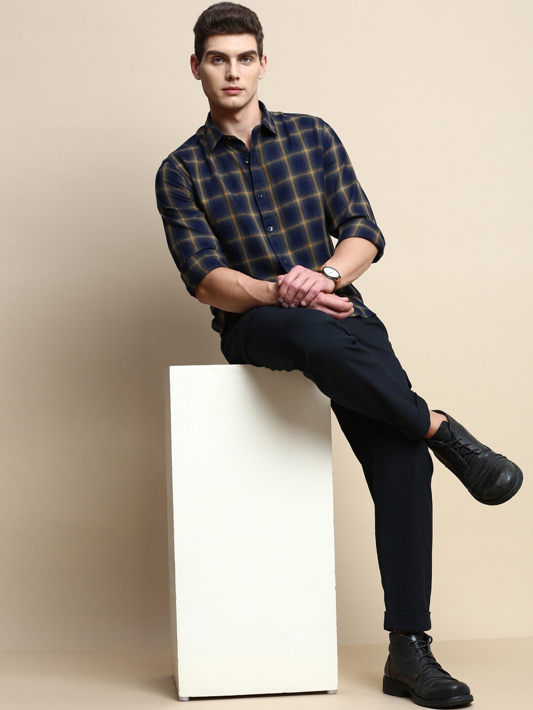 

INVICTUS Slim Fit Tartan Checked Cotton Casual Shirt, Navy blue