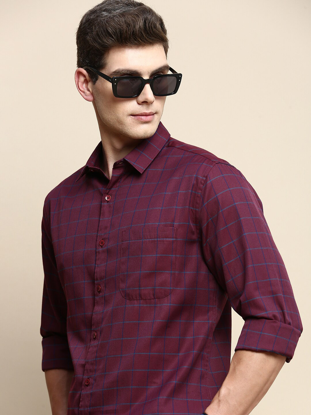 

INVICTUS Slim Fit Windowpane Checked Cotton Casual Shirt, Maroon