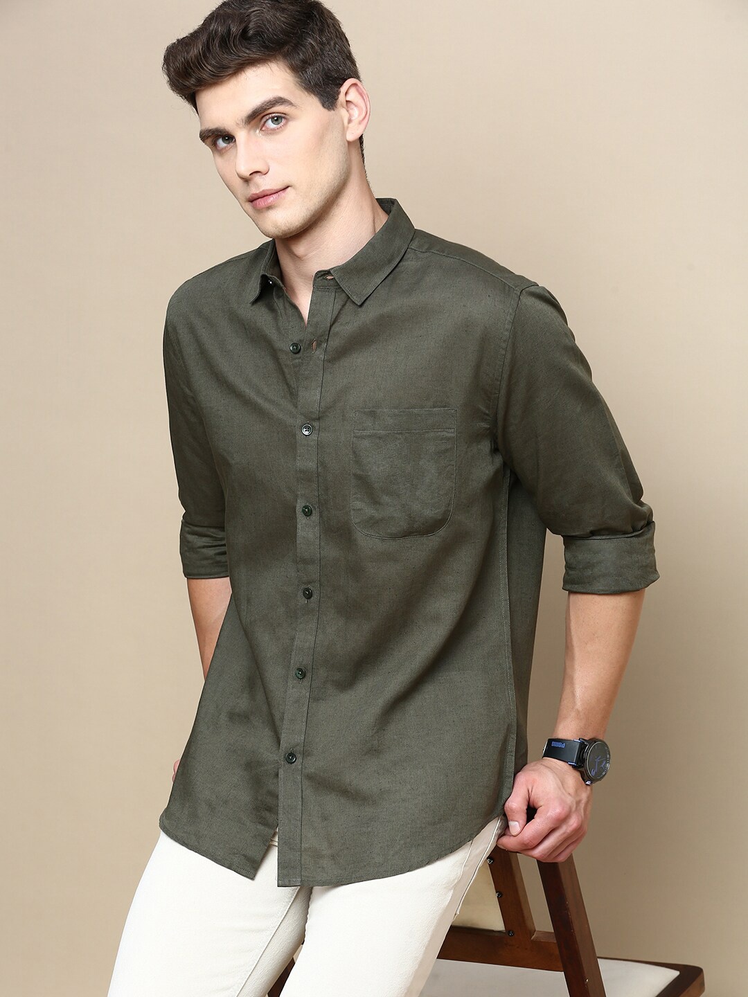 

INVICTUS Spread Collar Sport Slim Fit Opaque Cotton Casual Shirt, Olive