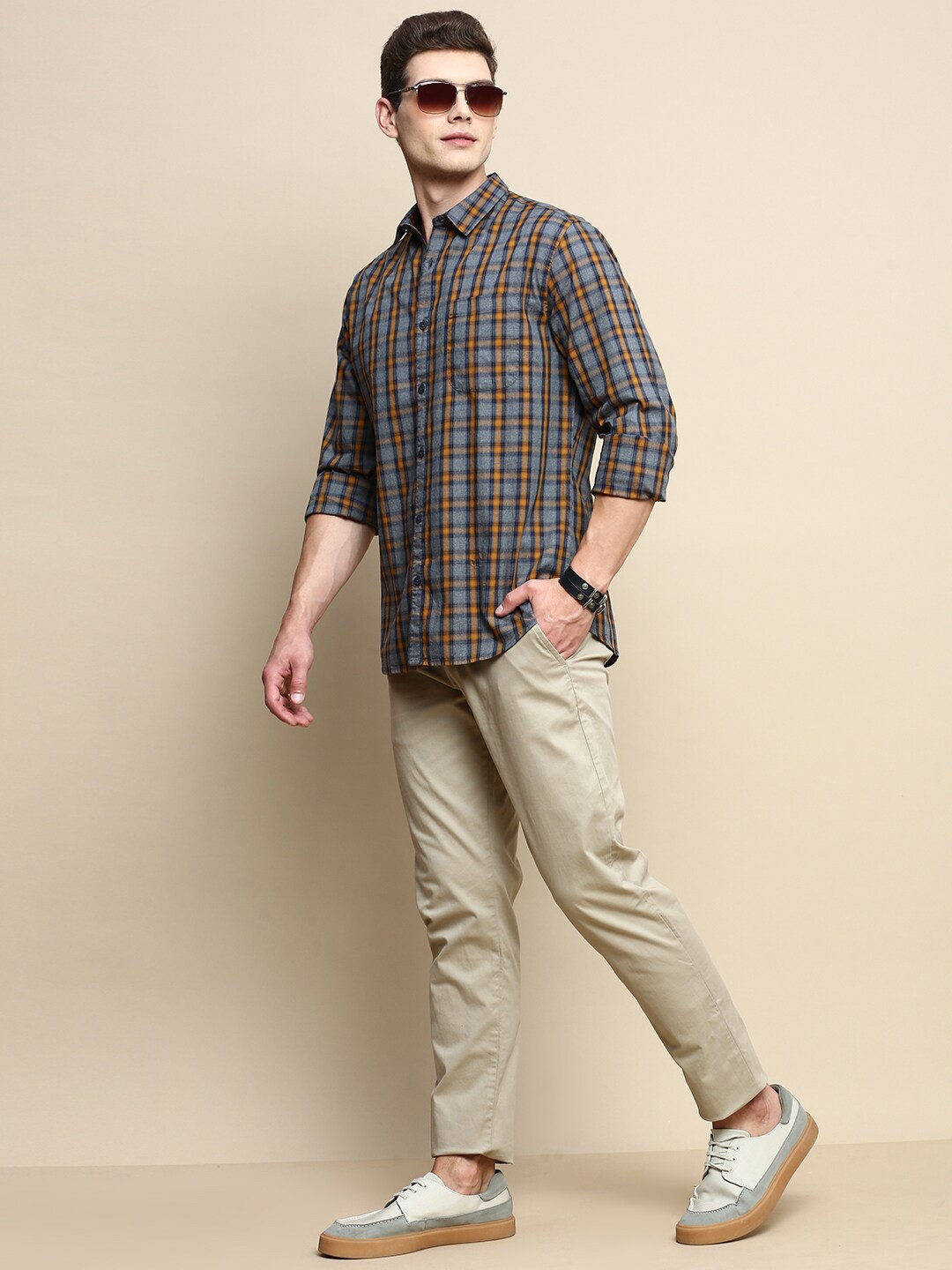 

INVICTUS Tartan Checked Sport Slim Fit Opaque Cotton Casual Shirt, Grey