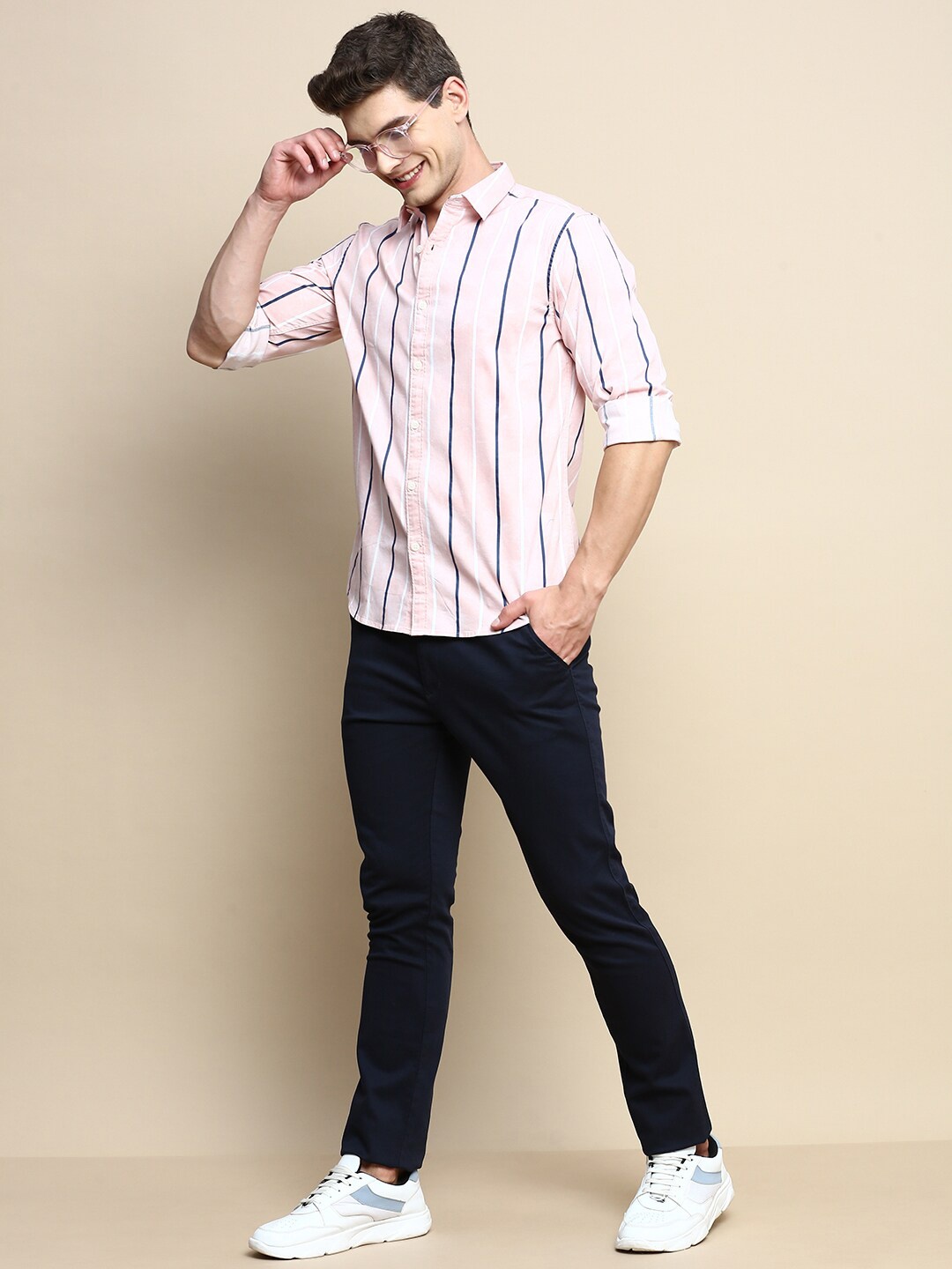 

INVICTUS Sport Slim Fit Vertical Striped Twill Weave Cotton Casual Shirt, Peach