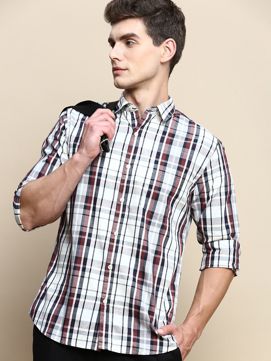 

INVICTUS Slim Fit Tartan Checked Cotton Casual Shirt, White