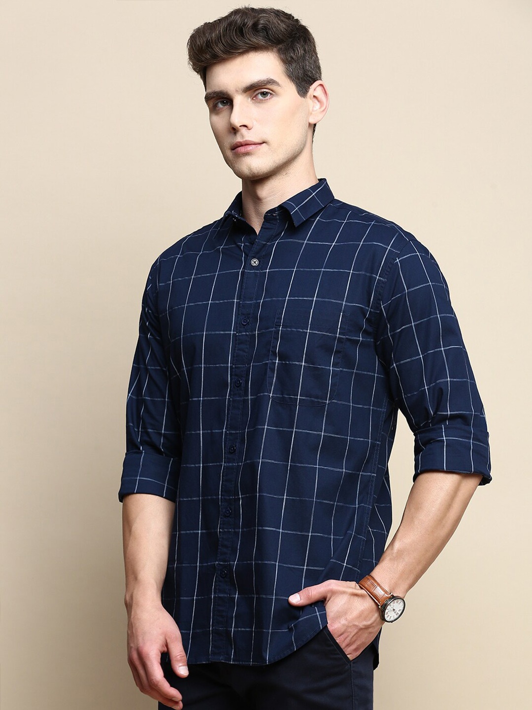 

INVICTUS Men Sport Windowpane Checks Slim Fit Opaque Casual Shirt, Navy blue