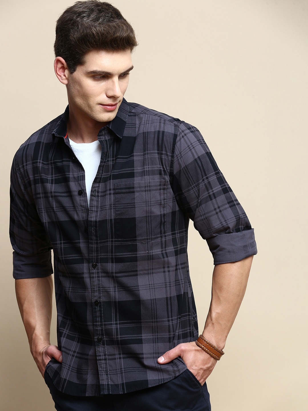 

INVICTUS Sport Slim Fit Tartan Checks Cotton Casual Shirt, Grey