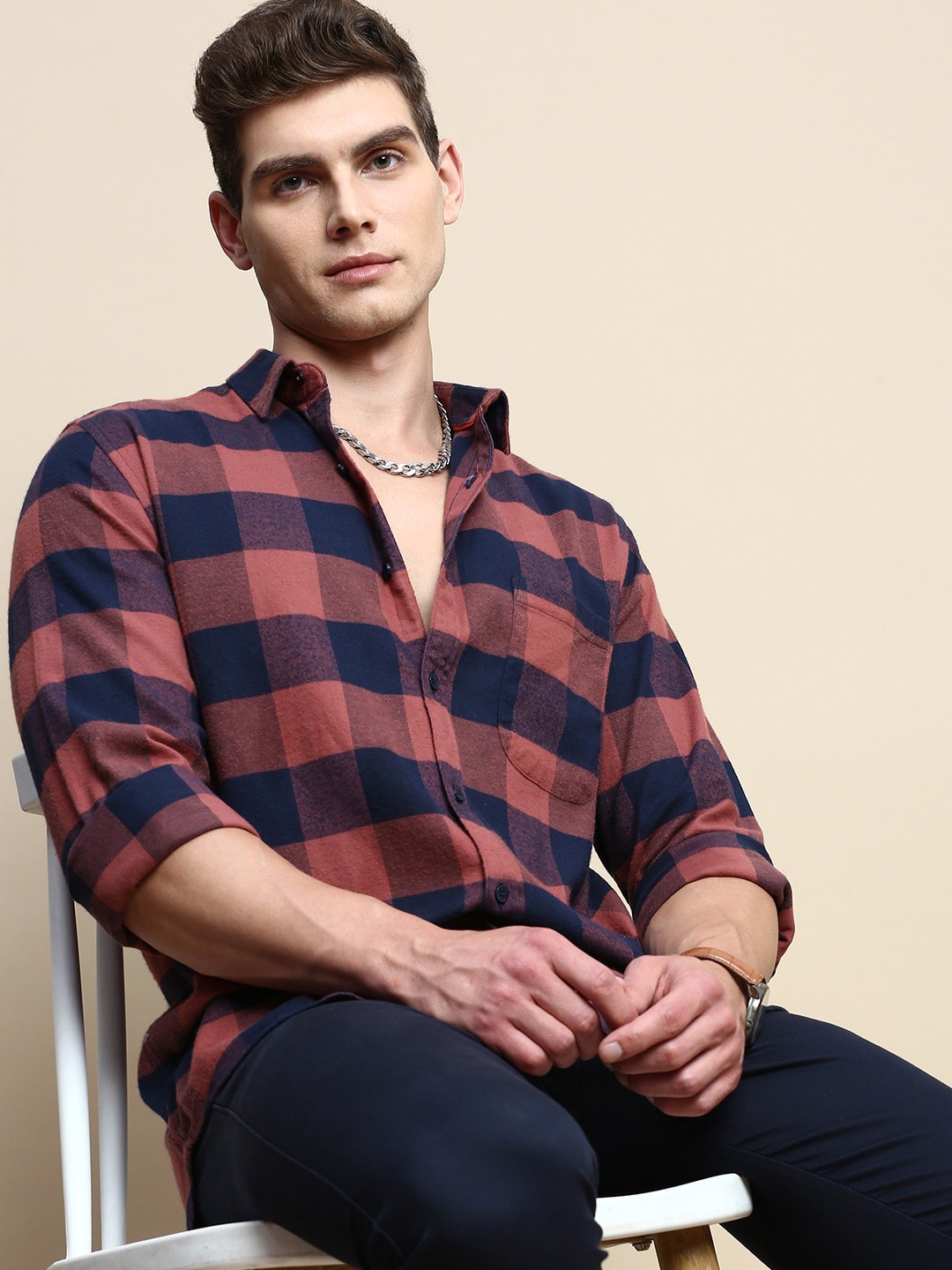 

INVICTUS Buffalo Checked Sport Slim Fit Opaque Cotton Casual Shirt, Brown