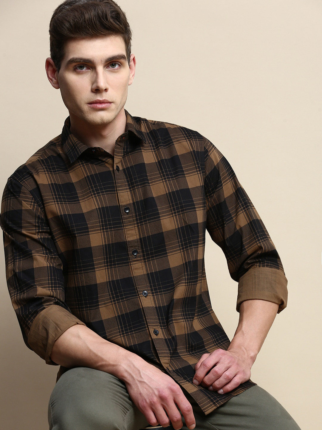 

INVICTUS Tartan Checked Sport Slim Fit Opaque Cotton Casual Shirt, Brown