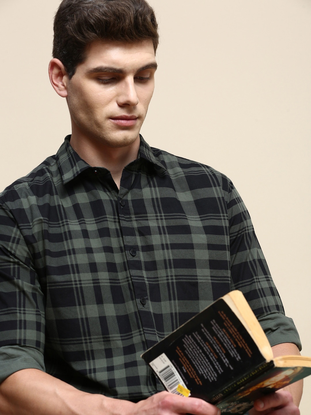 

INVICTUS Sport Slim Fit Tartan Checked Twill Weave Cotton Casual Shirt, Green