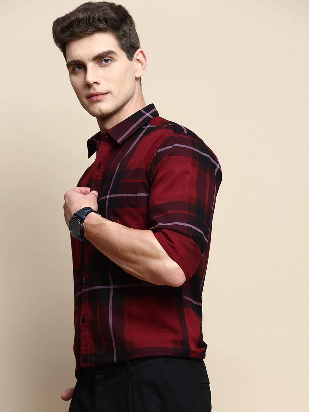 

INVICTUS Sport Slim Fit Tartan Checked Twill Weave Cotton Casual Shirt, Maroon