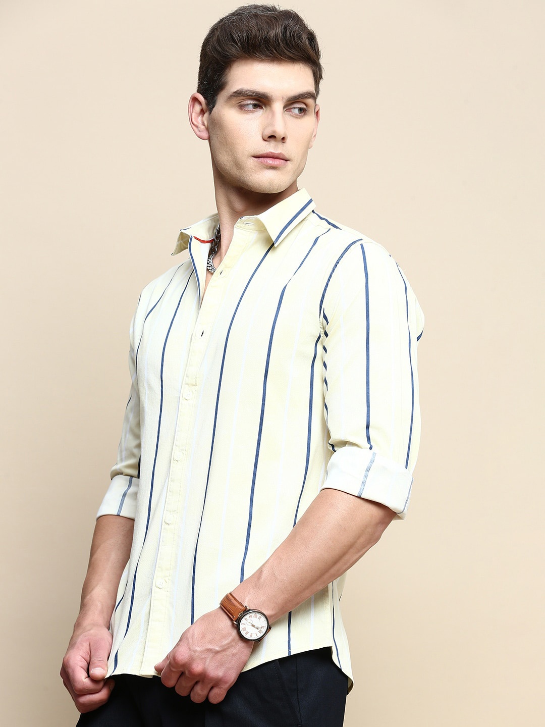 

INVICTUS Slim Fit Striped Cotton Casual Shirt, Yellow