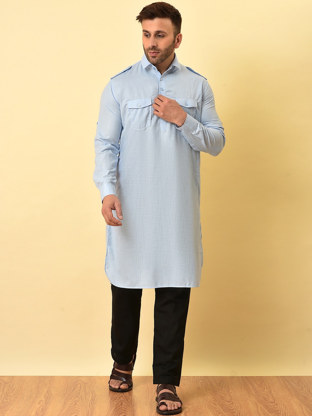 

Hangup Shirt Collar Pathani Regular Kurta with Trousers, Blue